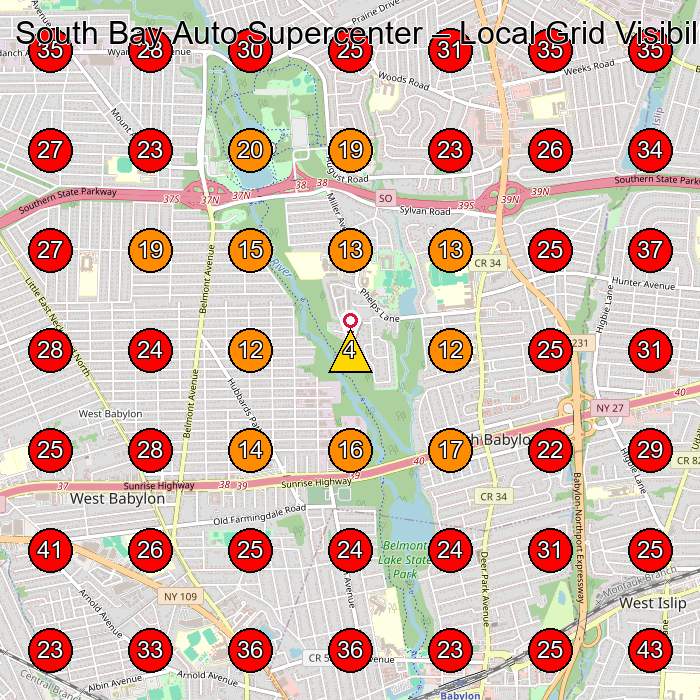 South Bay Auto Supercenter GeoGrid visibility map for Used Car Dealer in West Babylon